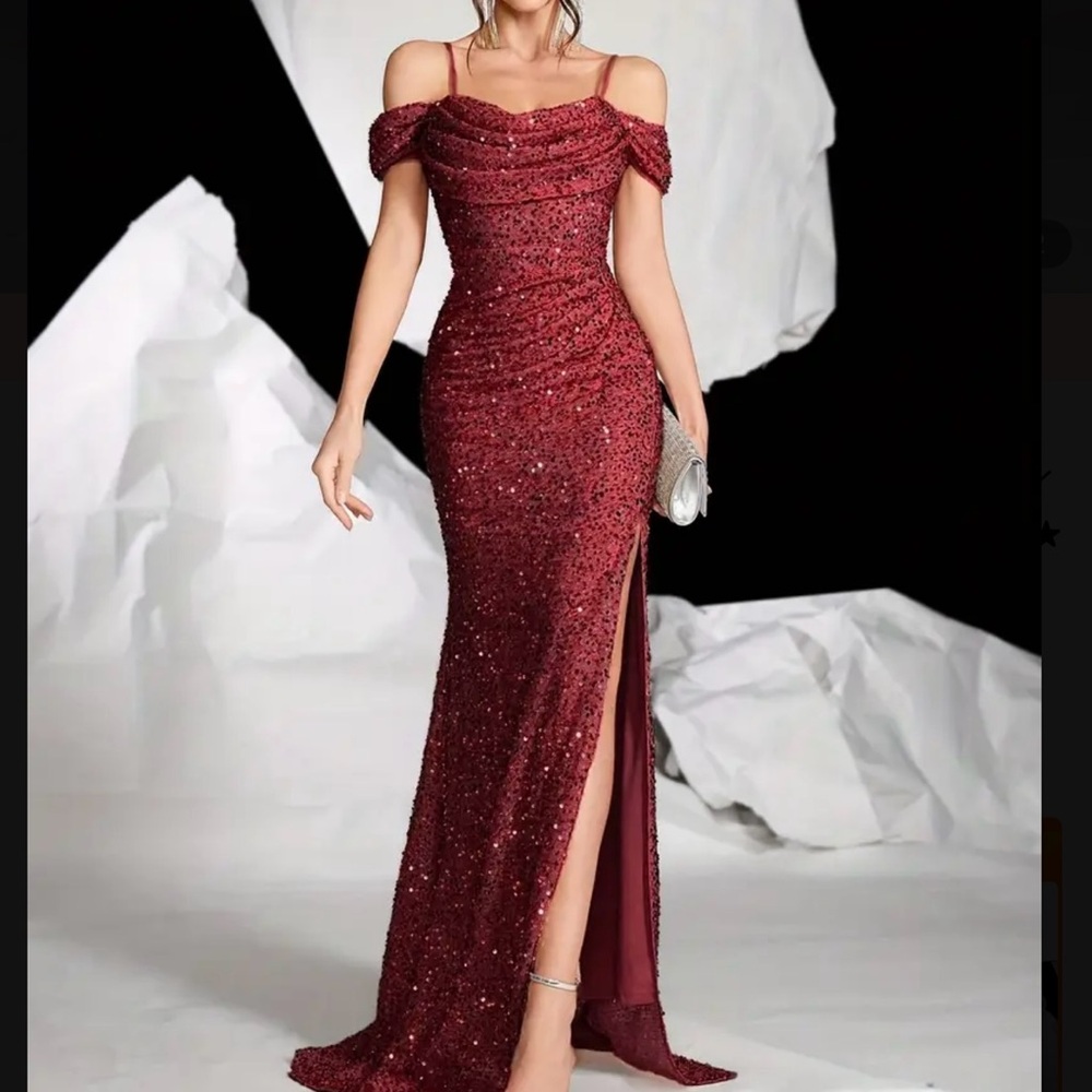 Burgundy Red Sequin Off Shoulder Slit Gown for Prom